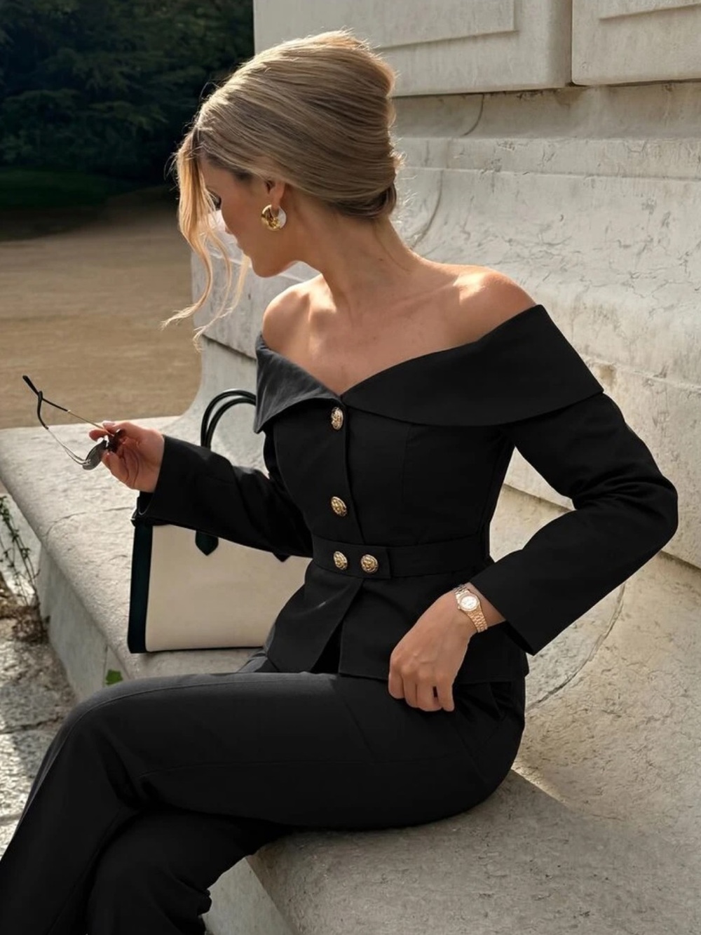Elegant Black Off-Shoulder Tailored Pantsuit with Gold Buttons